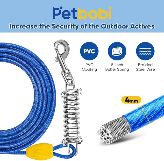 Petbobi Dog Tie-Out Cable and Stake - 50ft Heavy Duty Cable with Spring, No Tangle, 16in Ground Stake, Ideal for Yard, Camping and Beach, Suitable for Small Medium Large Dogs Up to 120 lbs, Blue