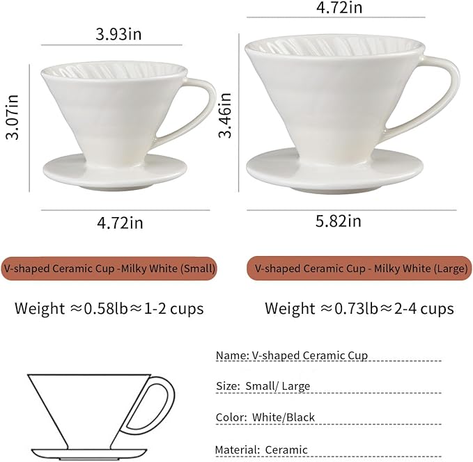 Pour Over Coffee Maker, Single Cup Coffee Dripper, Manual Porcelain Slow Brewing Accessories for Travel, Camping, Office, Home, Cafe, Coffee Gifts (White, Small,1-2Cups)