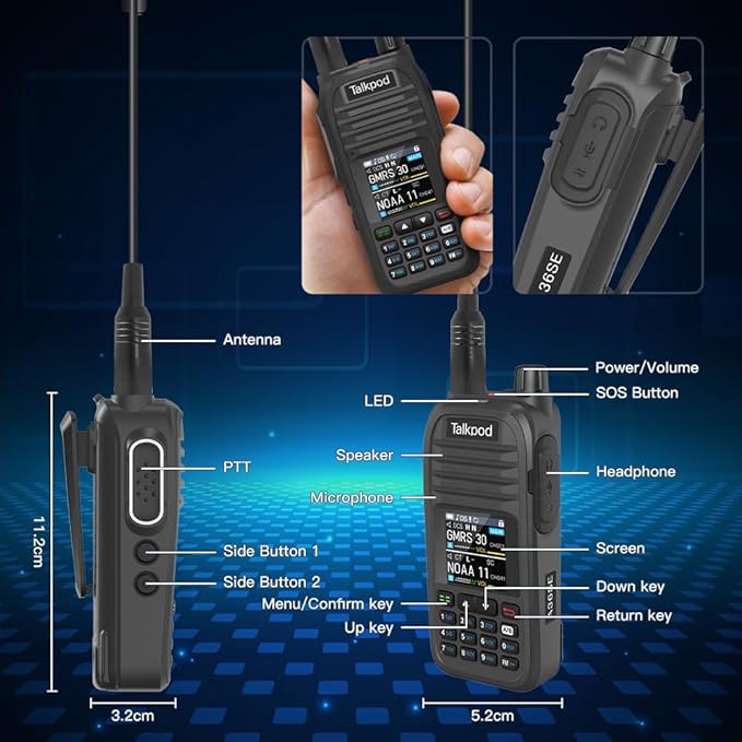 A36SE GMRS Handheld Radio Long Range, Multi Band Walkie Talkie with 771 Aviation Antenna & 805 Antenna, Type-C Rechargeable Battery, AM/FM Reception, NOAA, Two Way Radio with Earpiece (Black)
