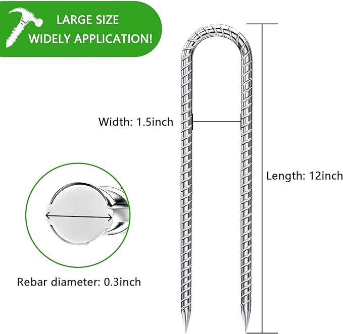 Rebar-Stakes-12-Inch-Galvanized, U Hook Trampoline Stakes 20 Pack Ground Anchors Tent Stakes Heavy Duty for Plants Anti-Rust Landscape Fabric Stakes Artificial Turf