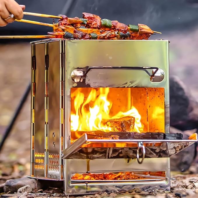 REDCAMP Wood Burning Folding Camp Stove Stainless Steel Grid, Portable Collapsible Backpacking Stove Survival Rocket Stove for Outdoor Tent Camping Hiking Picnic BBQ, Samll