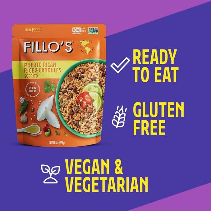 Fillo's Puerto Rican Rice And Gandules - Ready To Eat Rice With Beans, Gluten-Free, Preservative-Free, Microwavable Meals, Non-GMO, Vegan, Plant Protein, 8 oz Pk of 6