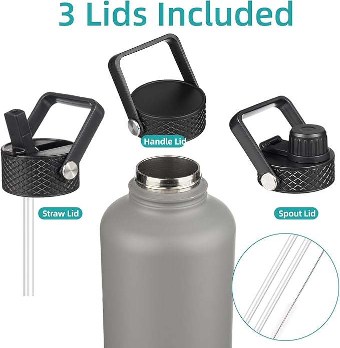 Half Gallon Insulated Water Bottle with Straw,64 oz 3 Lids Water Jug with Carrying Bag,Paracord Handle,Double Wall Vacuum Stainless Steel Metal Flask,Gray