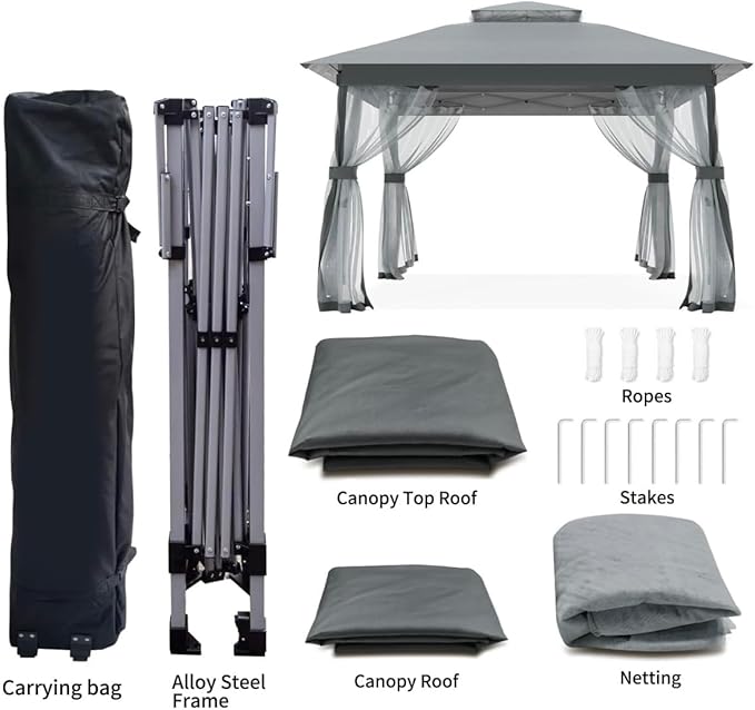 Auraway Outdoor Pop-Up Gazebo with Insect Screen & Dual-Layer Weatherproof Roof – Lightweight Gazebo for Camping, Beach Parties, Garden, and Backyard Events (Grey) (11x11)