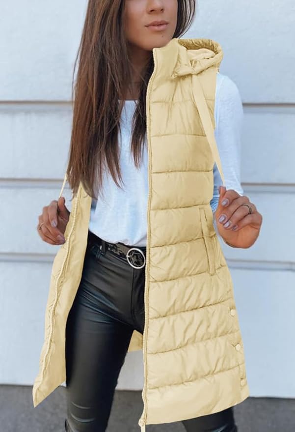 Veatzaer Women Long Vest Solid Color Sleeveless Hood Winter Puffer Vest Outwear
