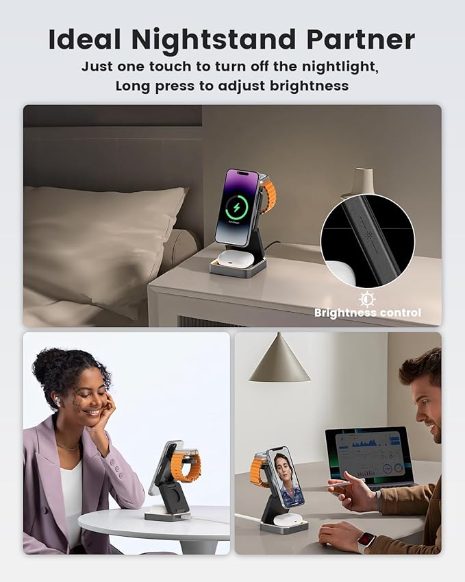3-in-1 Wireless Charger for iPhone,15W Fast Wireless Charging Station Compatible with Mag-Safe Charger,Magnetic Foldable Travel Charger Stand Nightstand for iPhone 16/15/14/13/12,Apple Watch&AirPods