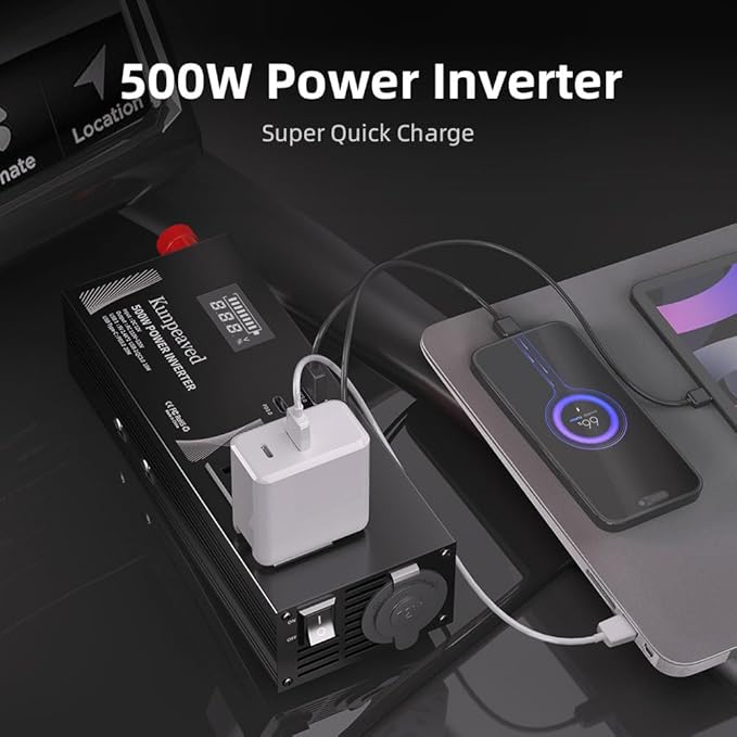500W Power Inverter DC 12V to 110V Car Charger Converter with Dual USB Ports and 2 AC Outlets for Air Compressor Laptops, Road Trip Accessories (Black)