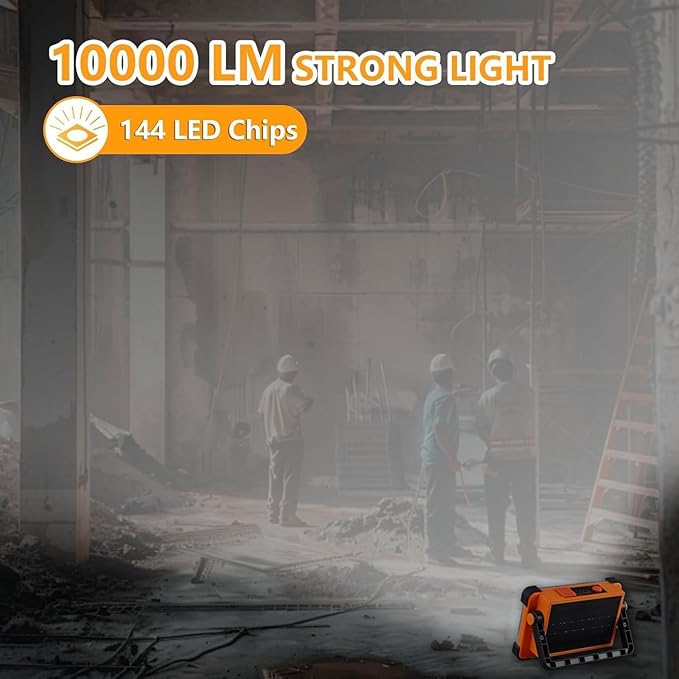 120W Solar Rechargeable Work Light, 144 LED 10000LM Portable Flood Light with Stand, IP66 Waterproof 4 Modes LED Job Site for Mechanic Camping Fishing Car Repair (Orange 1 Pack)