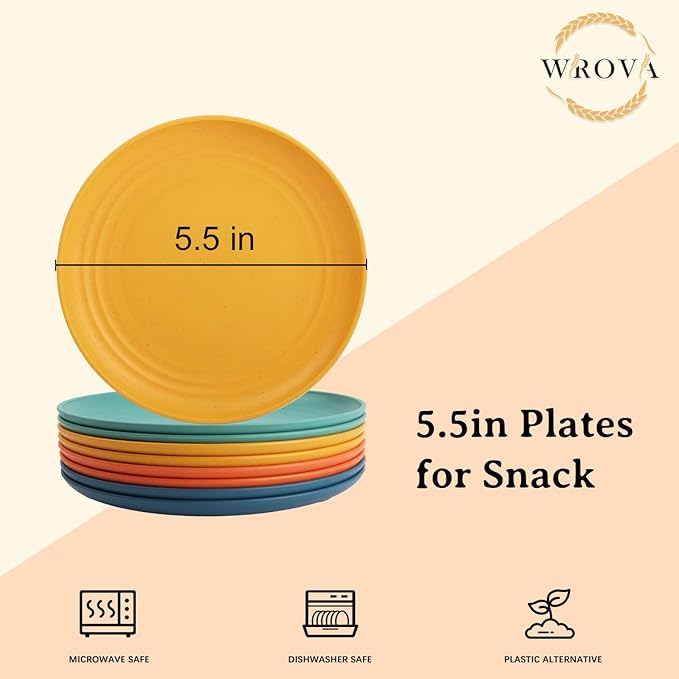 5.5 Inches Handy Snack Plates Set of 8, Small Wheat Straw Plates for Dessert,Unbreakable Side Dishes Plates Set for Kids Colorful Series