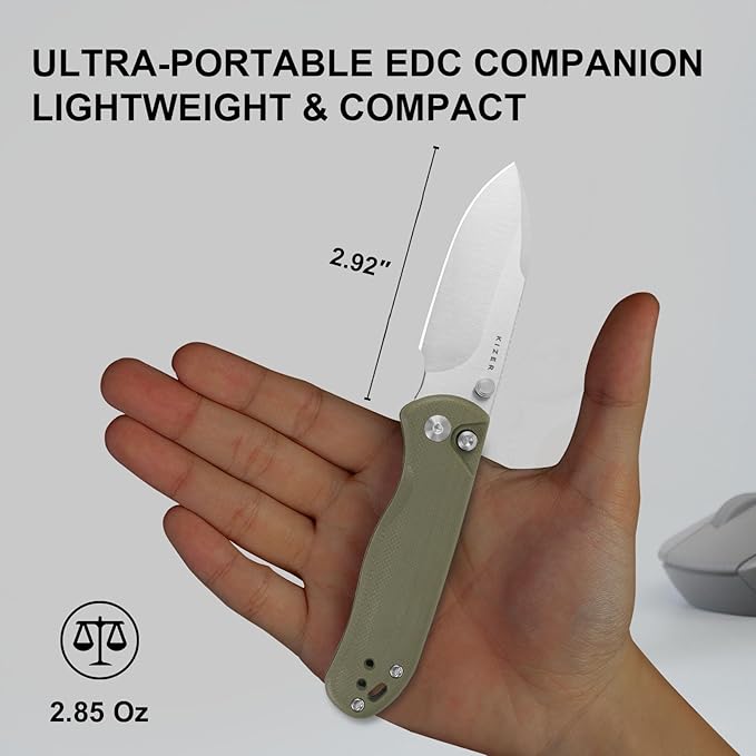 Kizer Drop Bear 2 Pocket Knife, 2.92" AEB-L Drop Point Blade Folding Knife with Olive Green G10 Handle, Button Liner Lock EDC Knives with Jimping on Spine for Men Women V3619.2CD2