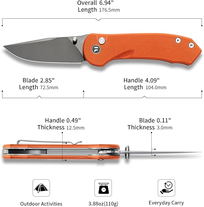 Button Lock Pocket Knife with 2.85 inch VG10 Steel Blade G10 Handle, Folding Knife for EDC, Orange