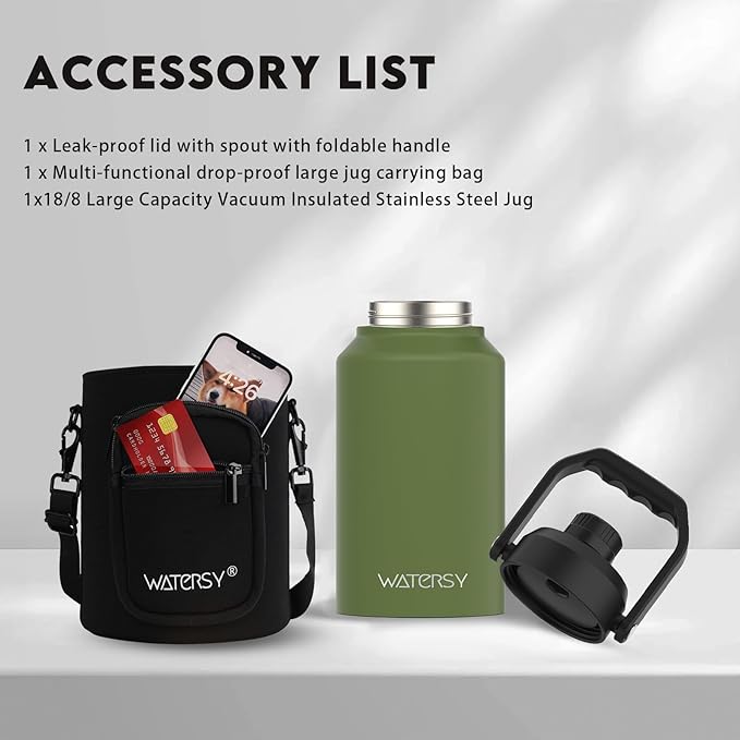 2/3 Gallon Water Bottle Insulated(Cold for 48 Hrs),BPA Free&Leak Proof,87oz Stainless Steel Water Jug/Flask,Big thermo,Large Water Bottle with Handle for Gym,Hiking,Camping,Olive Green