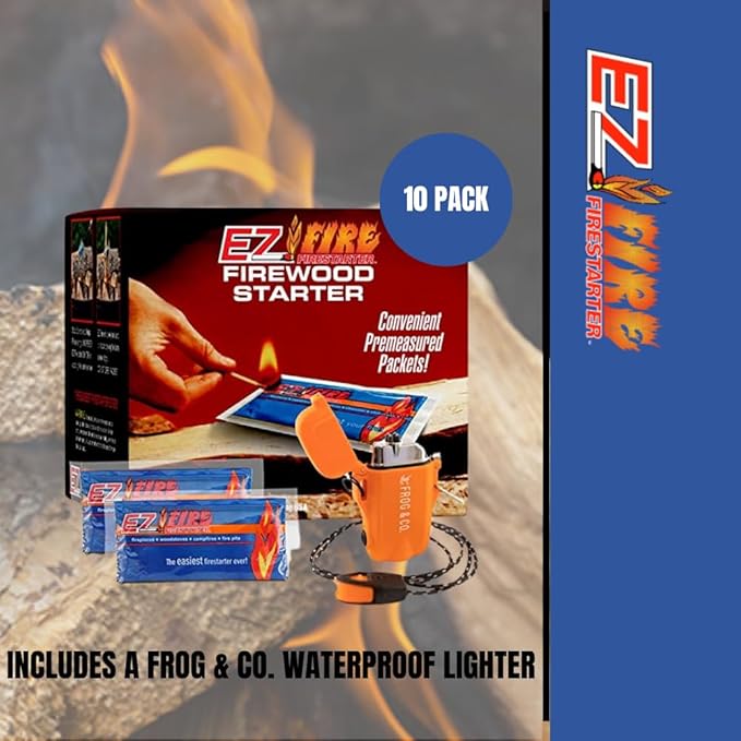 Easy-to-Use Fire Starter for Wood Stoves, Fireplaces, Campfires, and Bonfire – Waterproof, Windproof, Safe, Odorless & Survival Frog Tough Tesla Lighter. 10 Pack + Rechargeable Lighter Kit