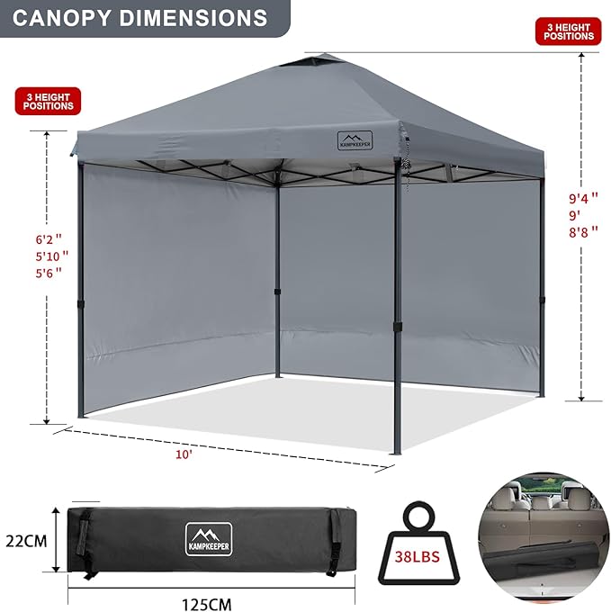 KAMPKEEPER 10x10 Pop Up Canopy Tent with 2 Sidewalls, Beach Tent - Easy Outdoor Sun Shade for Events, Parties, Camping - Gazebo with 4 Weight Bags & Carry Bag.(Grey)