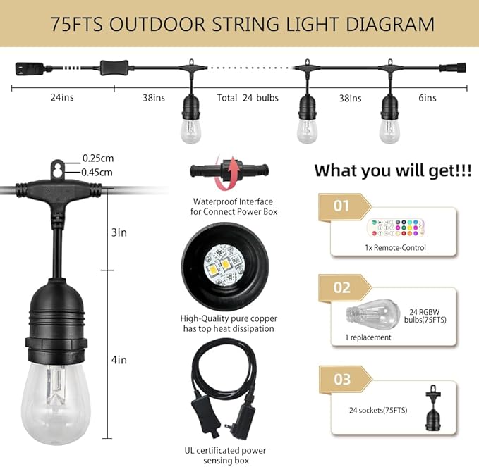 GANA Outdoor String Lights, Patio Lights 75FT Music Flash RGBW Colourful, Safe 12V Low Voltage LED Shatterproof Bulbs Connectable, Heavy Duty Wire IP65 Waterproof Level for Courtyards Cafe Bistro