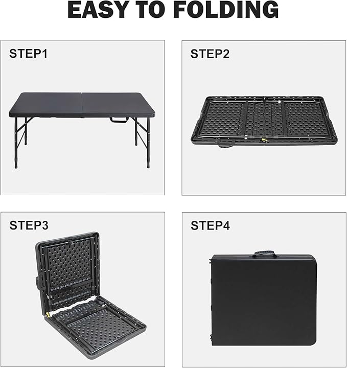 Portable Plastic Folding Table 4ft/6ft/8ft Heavy Duty White Black Picnic Dining Table Fold-in-Half for Camp Party Kitchen Indoor Outdoor