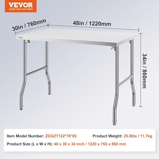 VEVOR 48 x 30 Inch Folding Commercial Prep Table Commercial Worktable Workstation, Heavy-Duty Stainless Steel Folding Table with 220 lbs Load, Silver Stainless Steel Kitchen Island,Kitchen Work Table
