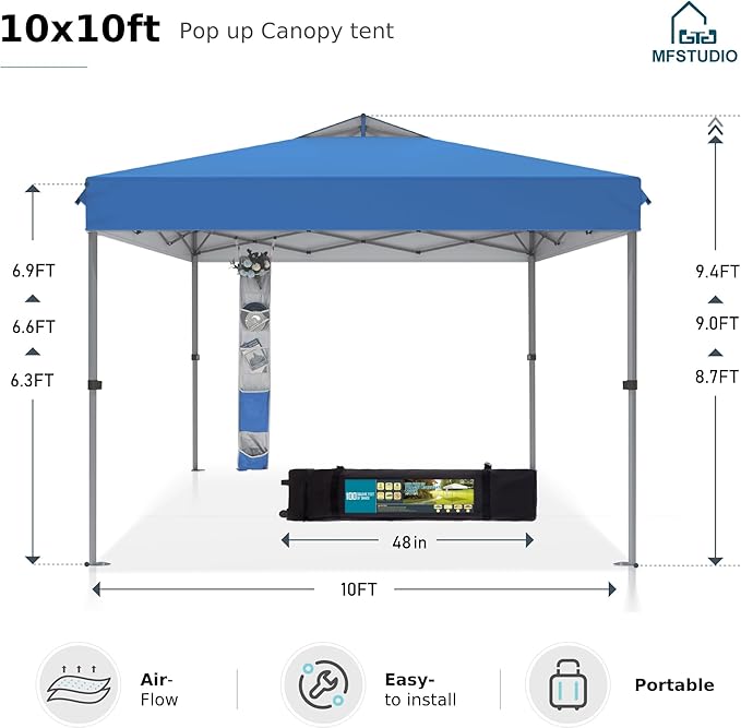 MFSTUDIO Pop Up Canopy Tent, 10x10 Outdoor Canopies One Push Setup Instant Portable Shelter Tens with Vented Top, Storage, 4 Sandbags, Beach Canopy,Blue