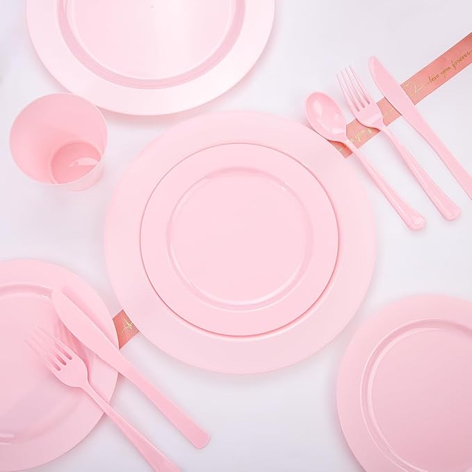 KIRE 150 Pieces Pink Plastic Plates Disposable - Pink Dinnerware Set Include 25 Dinner & 25 Salad Plates 25Forks 25Knives 25Spoons 25 Cups for Baby Shower/Bridal Shower