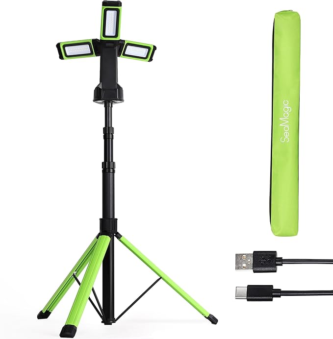 Multi-Directional LED 7000 Lumen Work Light, with Adjustable Tripod Stand and Carry Bag, Rechargeable with USB Power in/Out, Super Bright for Camping, Car Repairing, Barbecue, Workshop