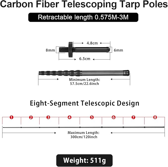 Carbon Fiber Tent Poles, Telescoping Tarp Poles Heavy Duty Adjustable, Portable & Lightweight for Tent Fly, Awning, Outdoor Camping, Hiking 9.8FT