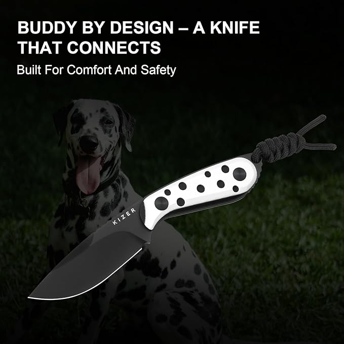Kizer Buddy Fixed Blade Knife, 3" Nitro-V Steel Camping Knife with Black & White G10 Handle, Compact EDC Fixed Blade Knives with Sheath for Hiking & Camping 1081A3