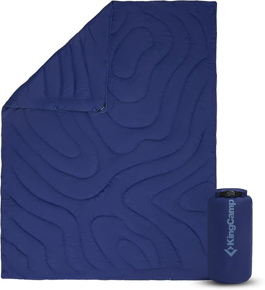 KingCamp Ultralight Camping Blanket, Packable Down Alternative Puffy Wearable Blankets Weatherproof Warm Package Quilt with Snap Buttons & Corner Loops for Outdoor Travel Stadium (69"L x 53"W, NAVY)