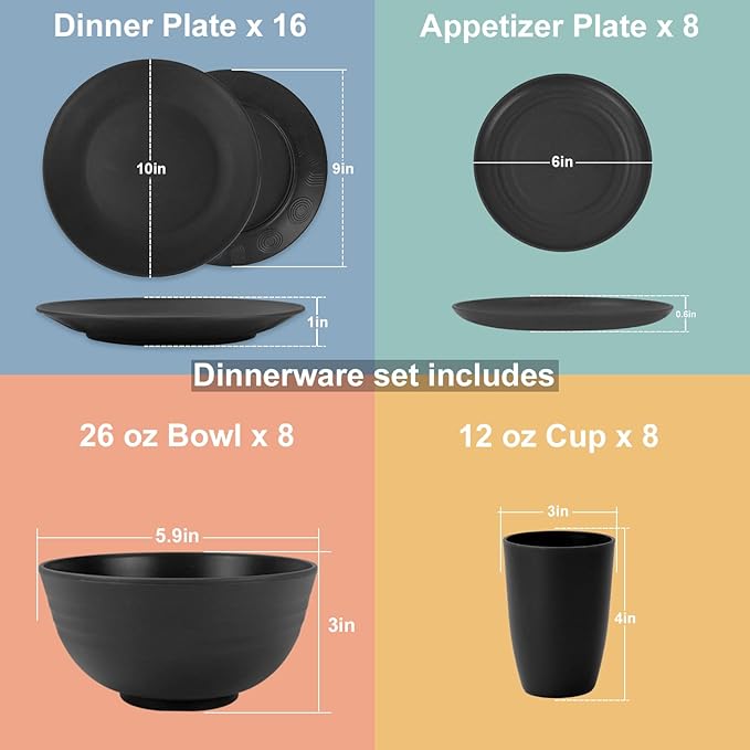 40 Pieces Plates and Bowls Sets, Wheat Straw Dinnerware Sets for 8, Dinner Plates, Cereal Bowls and Drinking Cups, Unbreakable and Reusable Plastic Dinnerware Sets (Black)