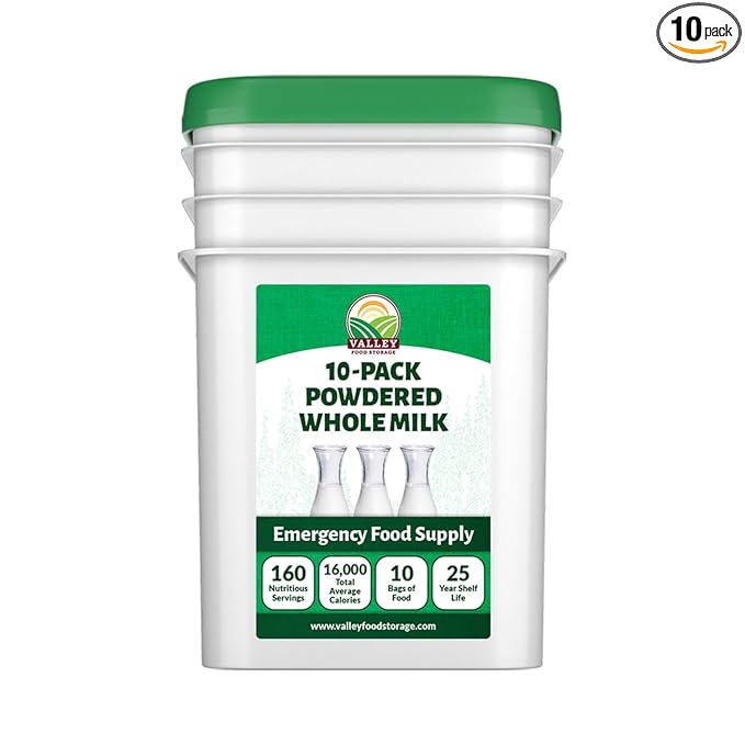 Valley Food Storage Whole Milk Powder | Contains Vitamin A & Vitamin D | Powdered Milk Long Term Storage, 25 Year Shelf Life | Camping Food, Backpacking Meals, Prepper Supplies (10 Bags + Bucket)