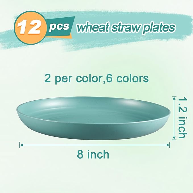 12 Pcs Unbreakable Deep Dessert Plates Set, 8 inch Reusable Plastic Wheat Straw Plates, Microwave and Dishwasher Safe Plate for Kitchen, Lightweight Plate for Dessert, BPA Free, 6 Colors