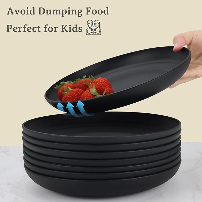 Wheat Straw Plates - 9 Inch Unbreakable Dinner Plates Set of 8 - Dishwasher & Microwave Safe Plastic Plates Reusable - Lightweight Plate for kitchen,camping (pure black)