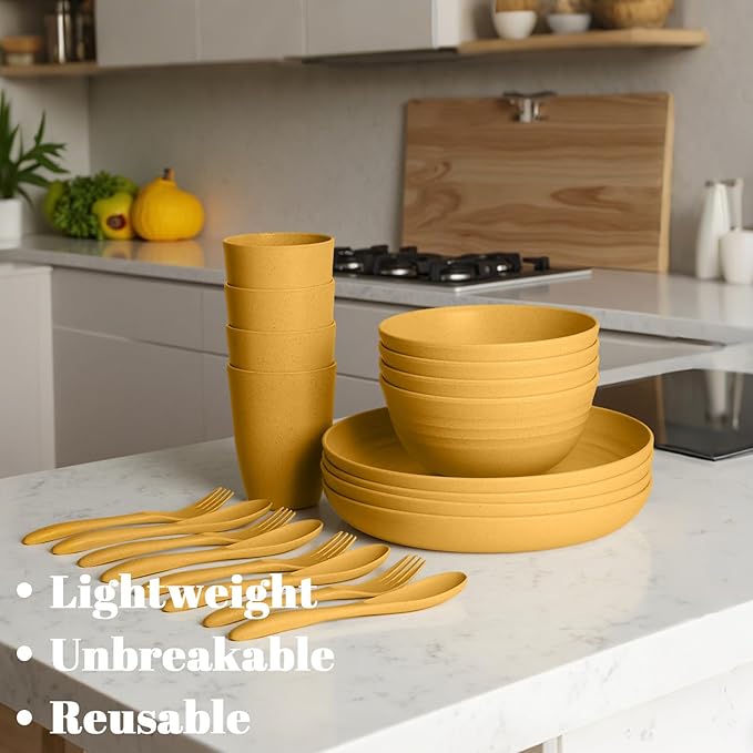 Wheat Straw Plates and Bowls Sets 20 Piece, Unbreakable Kids Dinnerware Sets for 4, Microwavable Plates, Bowls, Cups Set, Reusable Plastic Dishes Set for Camping, Kitchen, College (Yellow)