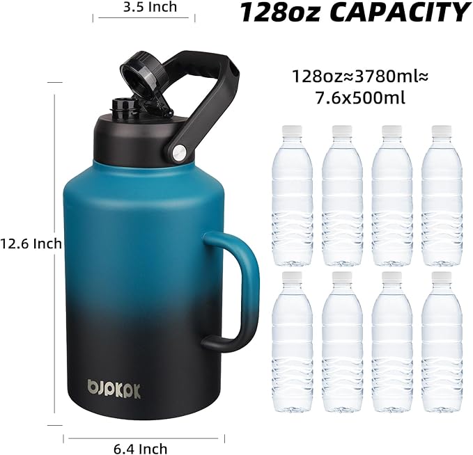 BJPKPK 1 Gallon Water Bottle with Handle, Large Dishwasher Safe 128oz Insulated Water Bottle, BPA Free Water Jug, Wide Mouth Metal Water Bottle with Anti-slip Bottom, Keep Cold & Hot,Blue & Black