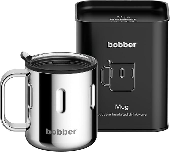 BOBBER 10 oz Triple Wall Insulated Coffee Mug with Handle, Lid & Gift Box – Stainless Steel Coffee Cup for Hot & Cold Drinks, Perfect for Home or Office Use (Glossy)