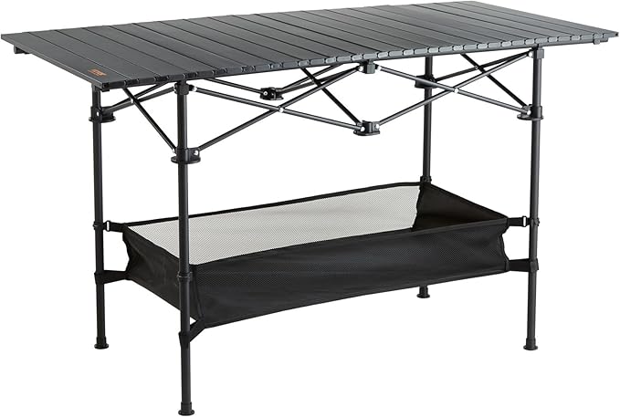 VEVOR Folding Camping Table, Adjustable Height Portable Side Tables, Aluminum MDF Beach Table with Mesh Layer, Carrying Handle, Lightweight Compact for Outdoor Picnic BBQ Cooking (45inch-Black)