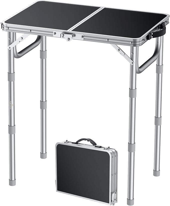 FUNYKICH 2ft Small Folding Camping Table(58x40cm), 3 Height Adjustable Portable Picnic Table, Lightweight Aluminum Outdoor Tables with Carry Handle for Camping, Picnic, Beach, Party, Silver