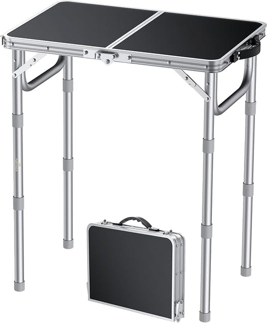 FUNYKICH 2ft Small Folding Camping Table(58x40cm), 3 Height Adjustable Portable Picnic Table, Lightweight Aluminum Outdoor Tables with Carry Handle for Camping, Picnic, Beach, Party, Silver