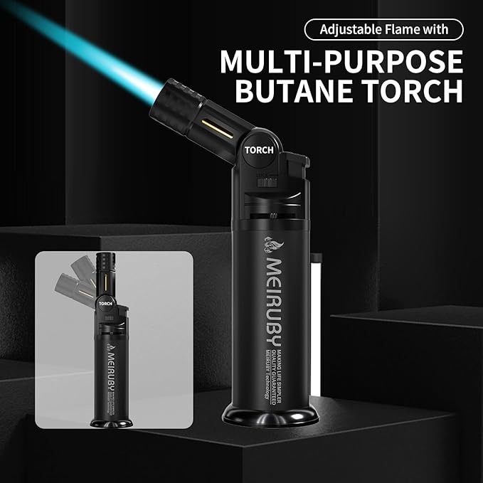 Butane Torch Lighter with Adjustable Jet Flame Head Angle/Safety Lock, Refillable Portable Culinary Blow Torch for Kitchen Cooking, Baking, BBQ, Welding & Camping