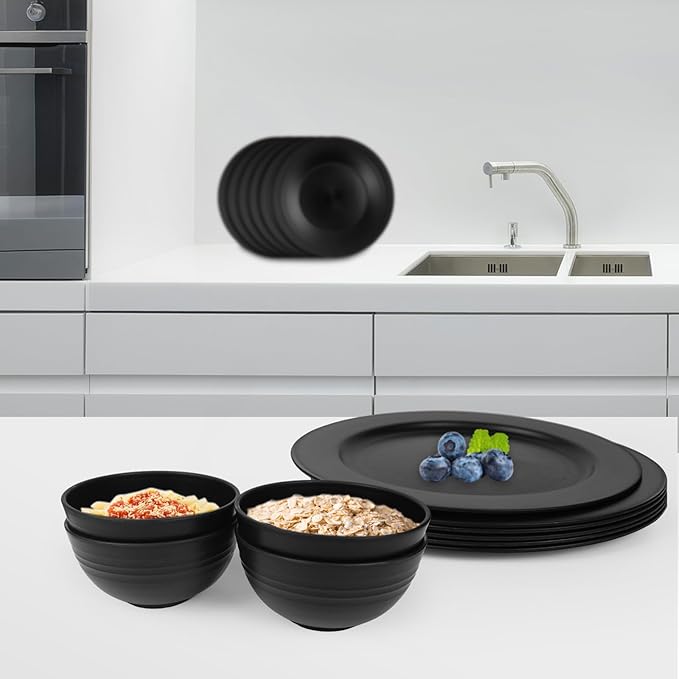 greenandlife 10inch/6pcs Dishwasher & Microwave Safe Wheat Straw Plates, Alternative for Plastic Plates, Lightweight Reusable Unbreakable Dinner Plates, Non-toxin, BPA Free for Kids Adults, Black