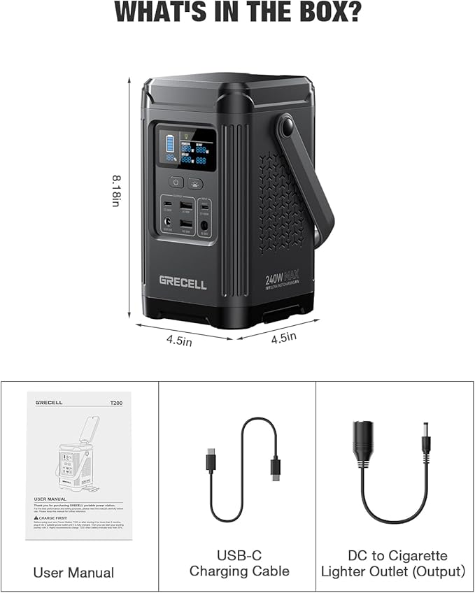 240W Portable Power Station 153.6WH Solar Generator, GRECELL LiFePO4 Battery Dual Way 100W PD, Portable Power Bank with Integrated Stand for Outdoors, Camping, Travel (No Wall Charger Included)