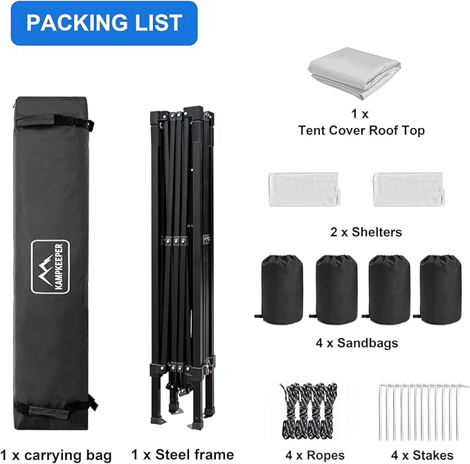 KAMPKEEPER 10x10 Pop Up Canopy Tent with 2 Sidewalls, Beach Tent - Easy Outdoor Sun Shade for Events, Parties, Camping - Gazebo with 4 Weight Bags & Carry Bag.(White)