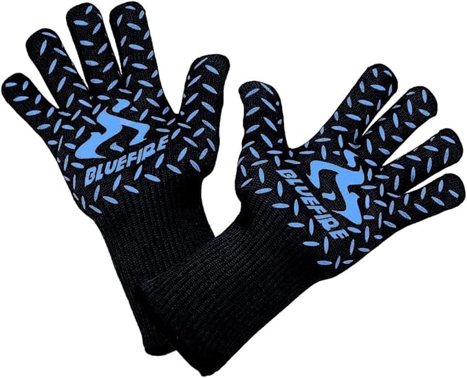 BBQ Grill Firepit Oven Mitts Highest Heat Resistance EN407 Lab Certified (X-Large, Blue/Black)
