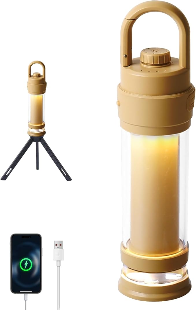 Hanging LED Camping Light with Stand, 4 Modes Dimmable Camp Lamp with Type-C Rechargeable, 4500mAh Tent Ambient Lantern for Outdoor Hiking,Glamping,Emergency(Khaki)