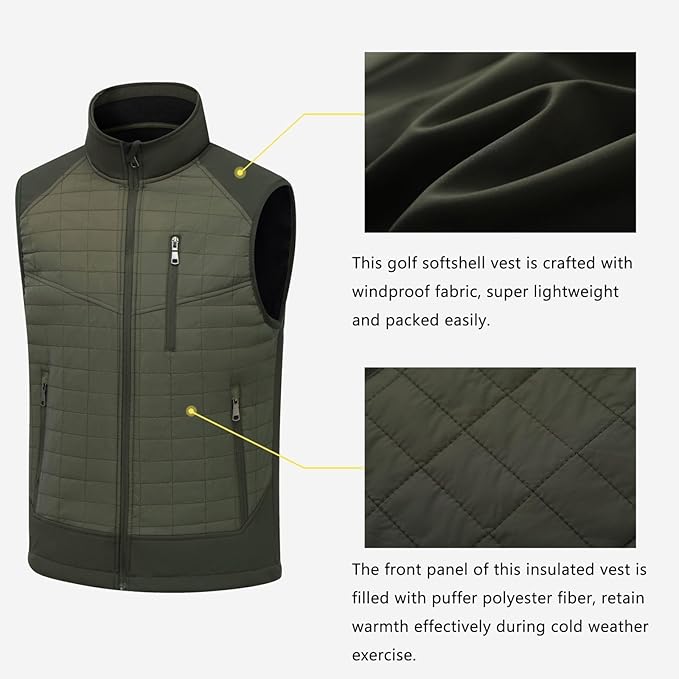 Vcansion Men's Lightweight Fleece Lined Puffer Vest Softshell Outerwear Sleeveless Jacket for Hiking Travel Golf