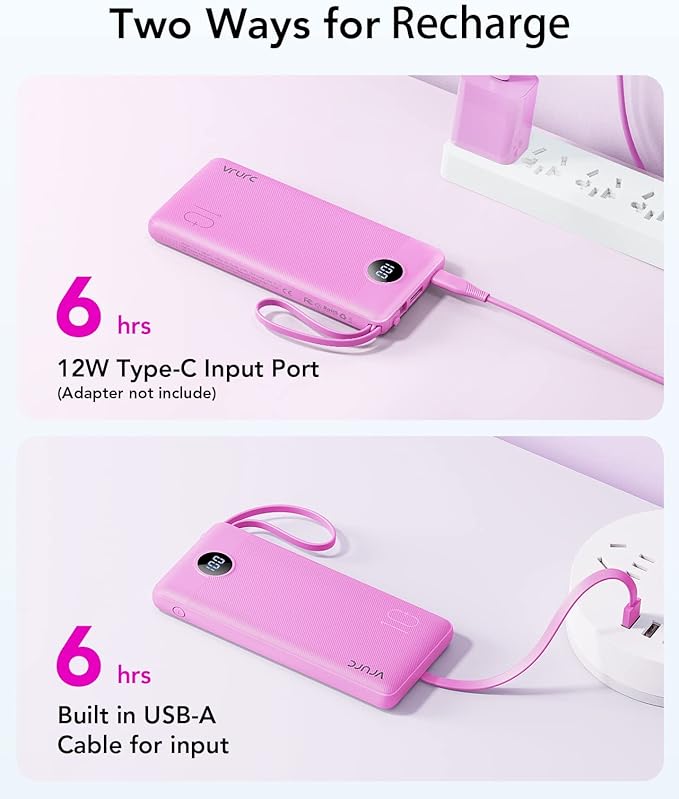VRURC Portable Charger 10000mAh, Travel Essentials Battery Pack, 5 Output 2 Input Power Bank, Built-in Micro & USB C Cables Phone Charger Compatible with iPhone,Samsung,Android-Purple(1 Pack)