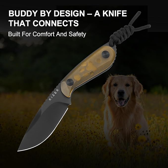 Kizer Buddy Fixed Blade Knife, 3" Nitro-V Steel Camping Knife with Yellow PEI Handle, Compact EDC Fixed Blade Knives with Sheath for Hiking & Camping 1081A1