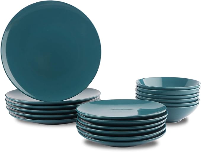 Amazon Basics 18 Pieces Dinnerware Sets, Plates and Bowls, Service for 6, Deep Teal