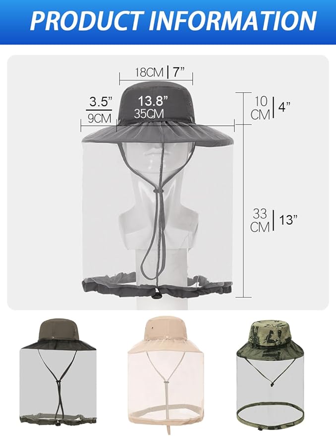 Mosquito Sun Hat with Net, Concealable Mesh, Drawstring Adjustable Skirt and Wind Cord, for Fishing Beekeeping Gardening