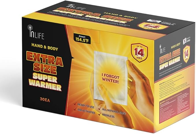 InLife Extra Size Super Warmer for Hands and Body, All Natural & Safe, Bigger & Wider Area Covered, Higher Heating 145°F, Air Activated, Easy & Comfort, Steady Longer Lasting, Odorless, 30 Packs