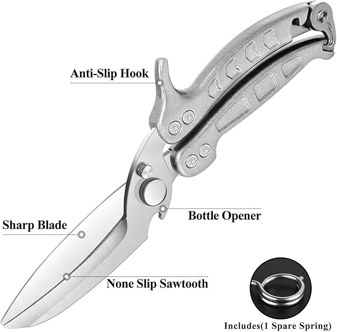 Heavy Duty Kitchen Shears, Detachable Poultry Shears with Serrated Edge, Spring-Loaded Stainless Steel Chef Scissors Cutting Bone, Chicken, Fish, Food, Meat, Silver Full Steel Handle
